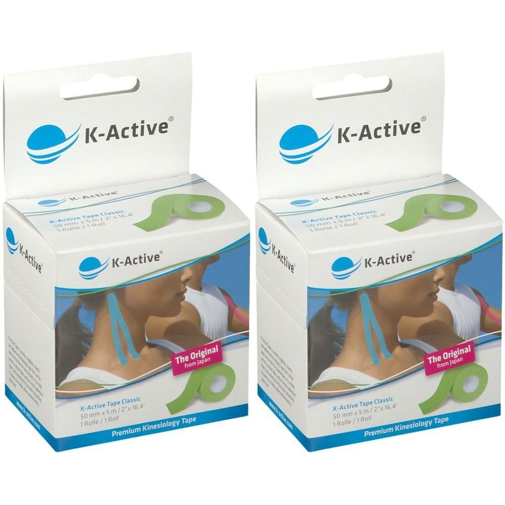 Twee pakken K-Active K-Tape Classic groen. Elke rol is 5 cm x 5 m.