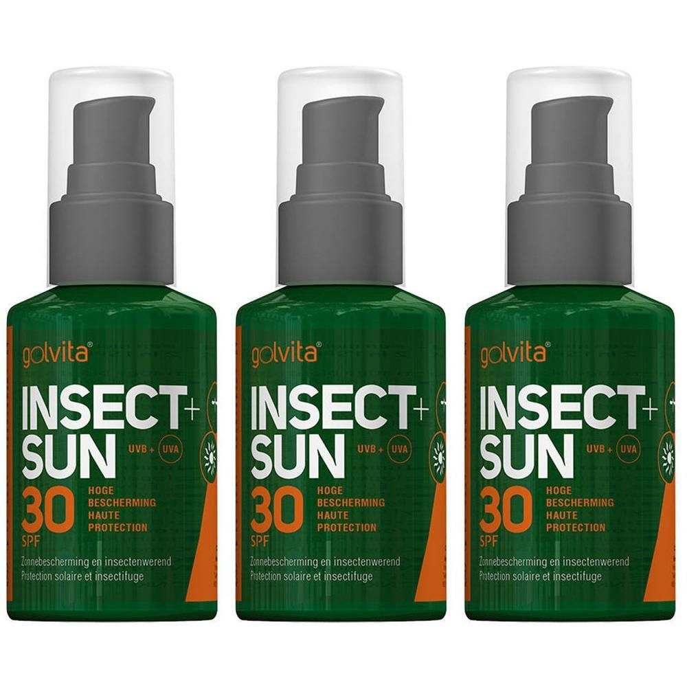 Drie groene flessen Golvita Insect+ Sun SPF 30 met pompdoseerders.
