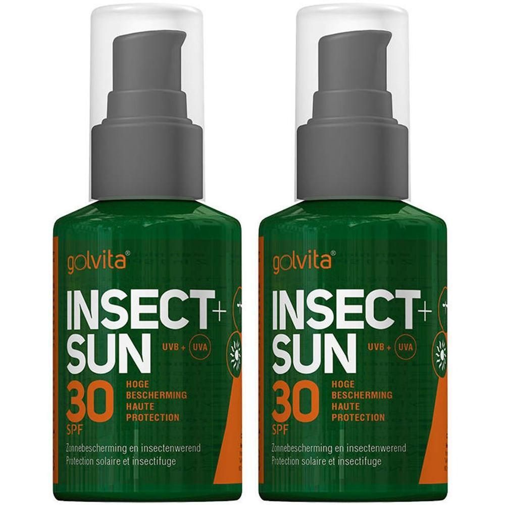 Deux flacons verts Golvita Insect+ Sun SPF 30 avec pompes. Protection solaire et anti-insectes.