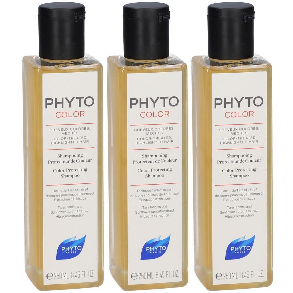 Trois flacons de Phyto Phytocolor Shampooing Protecteur de Couleur, 250ml chacun.