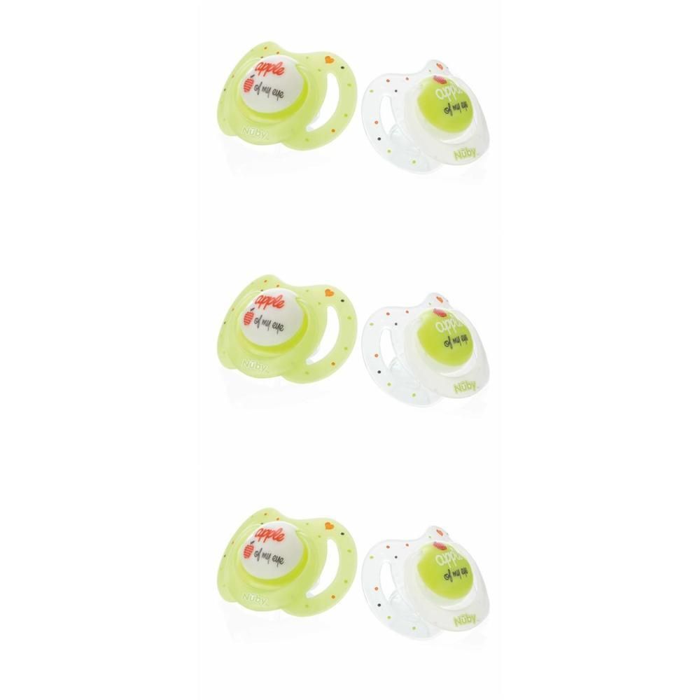 Deux sucettes : une verte motif pomme, une transparente à pois. Les deux avec anneau.