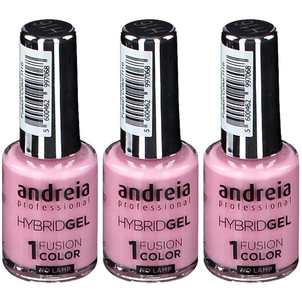 Drie flesjes Andreia Hybridgel nagellak in zachtroze. Elk flesje toont '1 FUSION COLOR'.