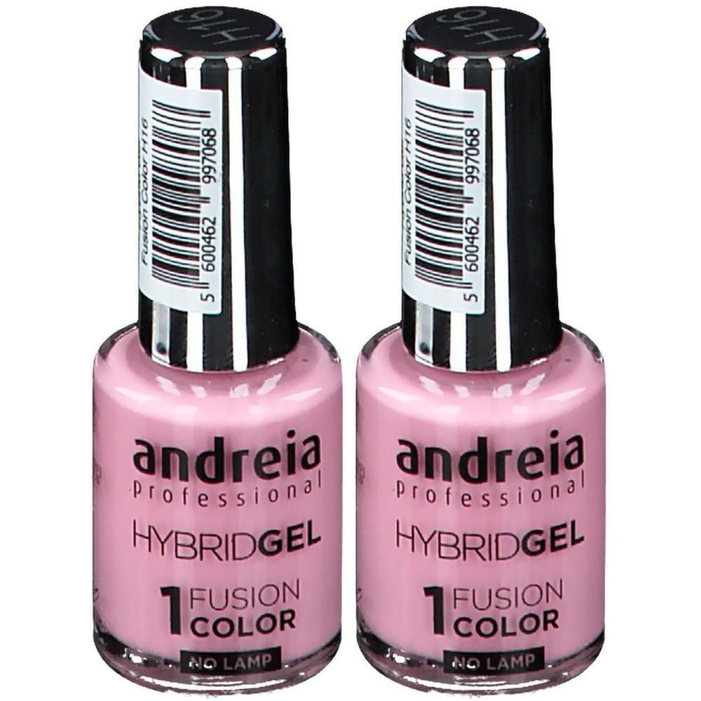 Twee flesjes Andreia Professional Hybridgel nagellak in lichtroze. "Fusion Color 1" en "No Lamp" zijn zichtbaar op het etiket.
