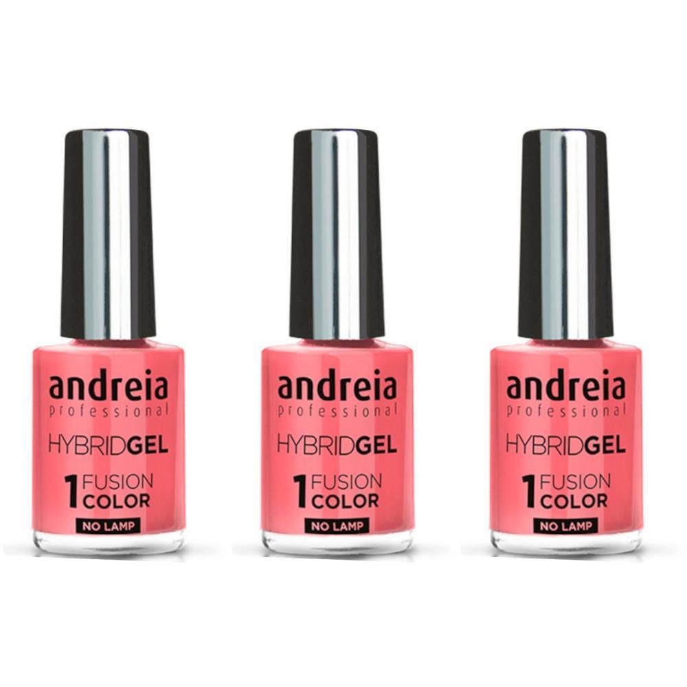 Trois flacons de vernis gel Andreia Hybridgel corail avec capuchons argentés.