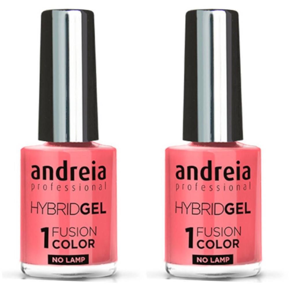 Deux flacons de vernis à ongles Andreia Hybridgel couleur corail. "1 FUSION COLOR NO LAMP" est visible sur l'étiquette.