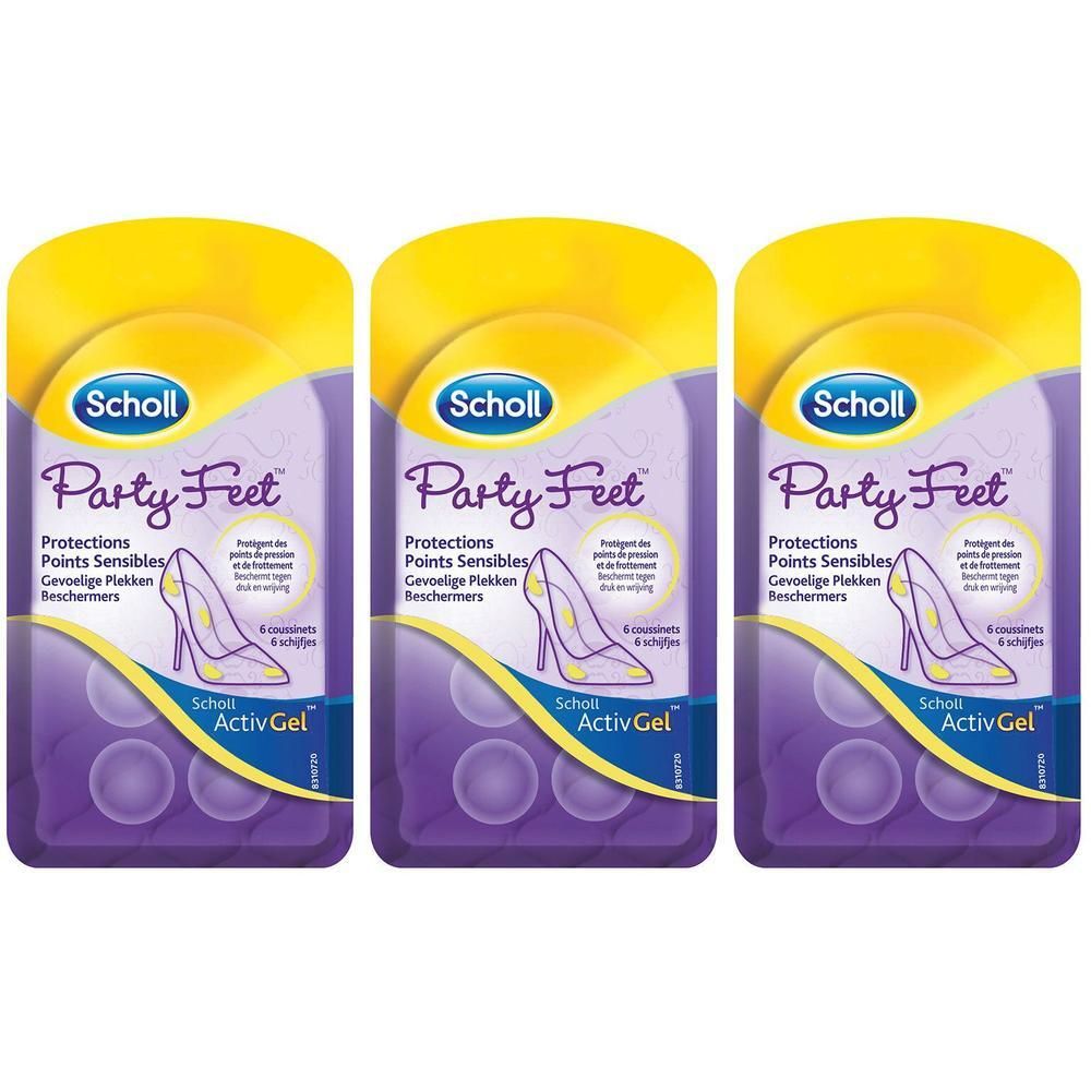 Trois paquets Scholl Party Feet avec Activ Gel pour points sensibles.