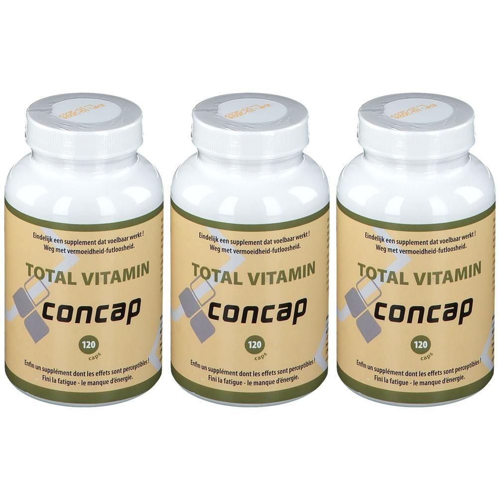 Trois flacons de Concap Total Vitamin, chacun contenant 120 gélules.