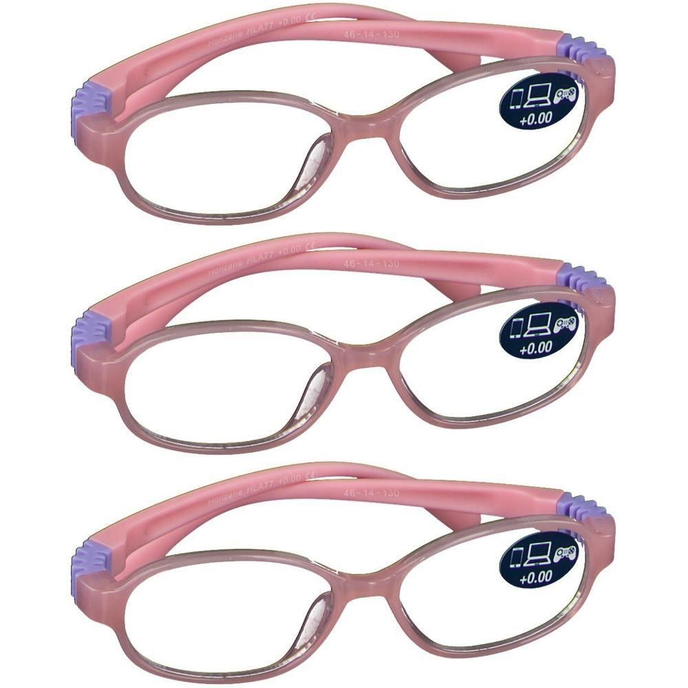Drie roze kinderbrillen met blauwe accenten op de veren. Glazen met +0.00 dioptrie.