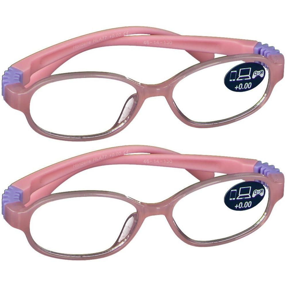 Twee paar roze kinderbrillen met blauwe accenten op de veren. Stickers op de glazen tonen computer- en telefooniconen.