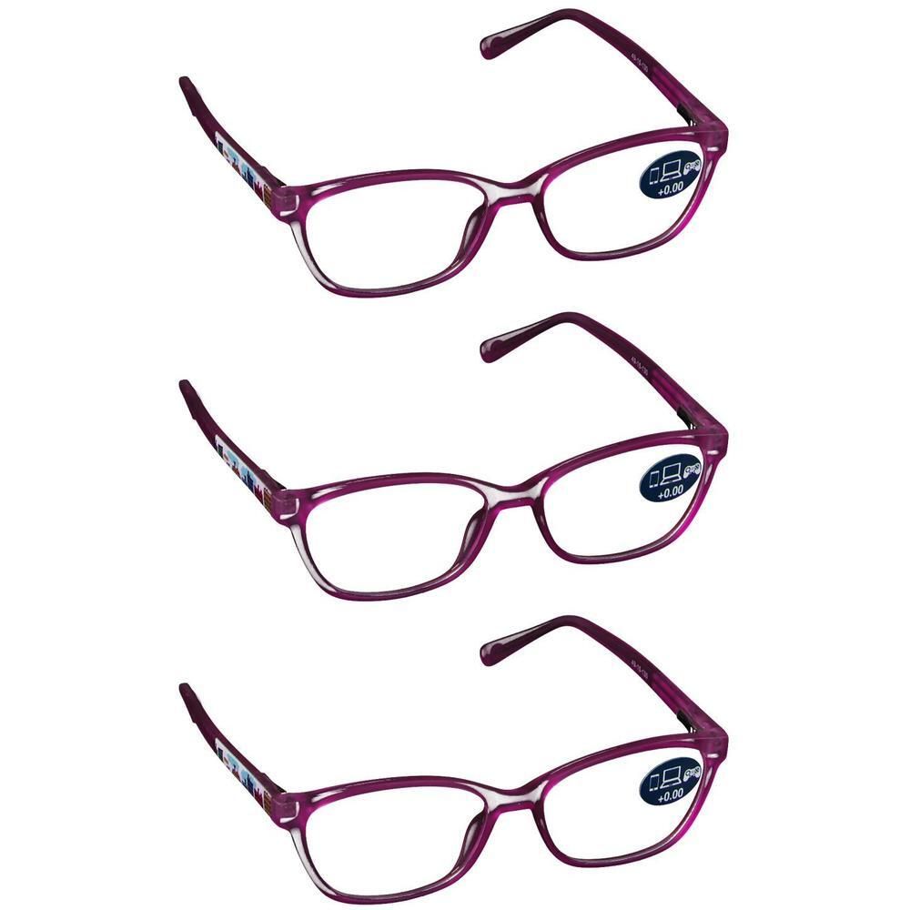 Trois paires de lunettes de lecture violettes avec verres rectangulaires et branches à motif.