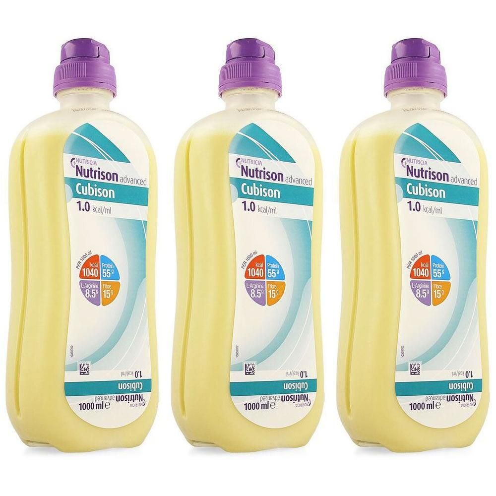 Drie flessen Nutrison Advanced Cubison met paarse dop, 1000 ml.