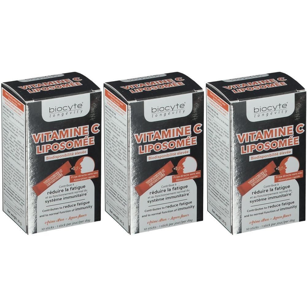 Drie pakken Biocyte Liposomale Vitamine C sticks. Elk pak bevat 12 sticks.