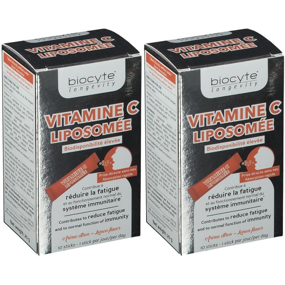 Twee pakken Biocyte Vitamine C Liposomée Sticks, 10 sticks per pak. Citroensmaak.