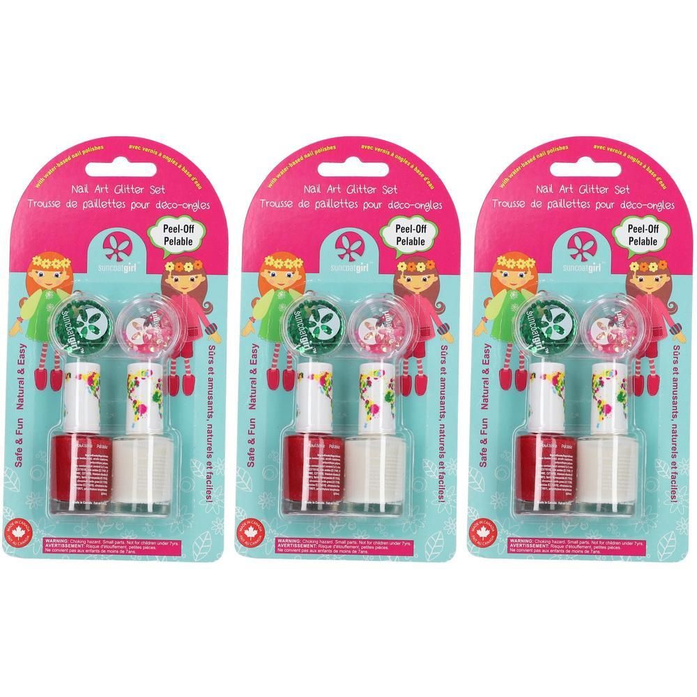 Drie sets nagellak voor kinderen, elk met twee flesjes en applicators. Rood en transparant.