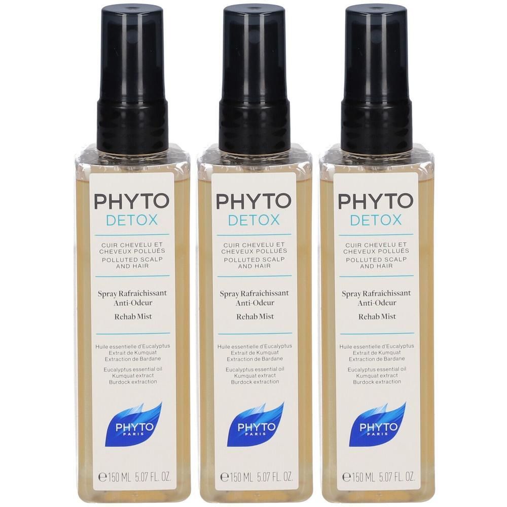 Trois flacons de Phyto Detox Rehab Mist, spray rafraîchissant anti-odeur pour cuir chevelu et cheveux.