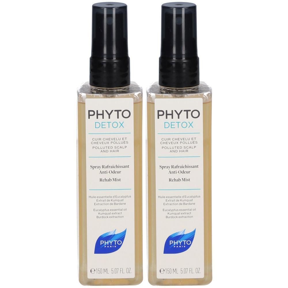 Twee flacons Phyto Detox Rehab Mist van elk 150 ml. Heldere vloeistof in rechthoekige flacons met zwarte spuitkoppen.