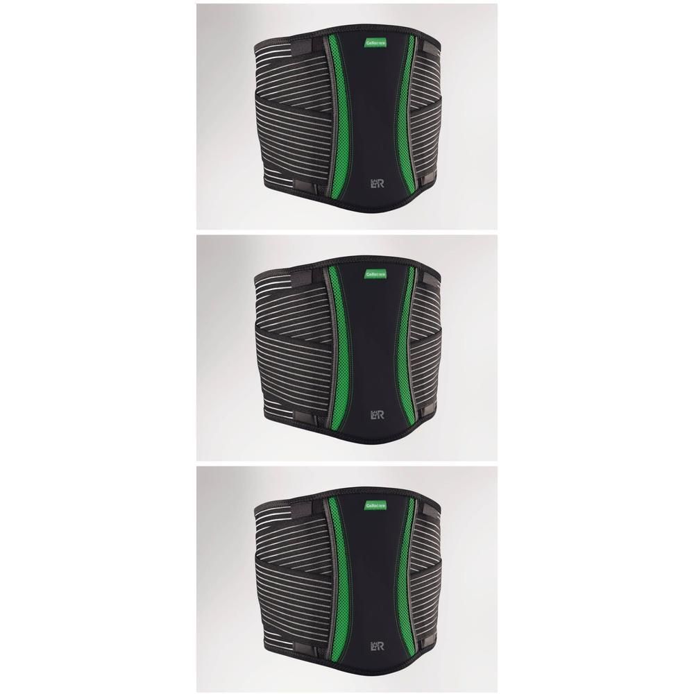 Ceinture lombaire noire avec accents verts et bandes élastiques.