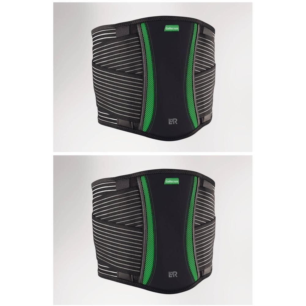 Ceinture lombaire noire avec accents verts et rayures argentées. Fermetures velcro ajustables.