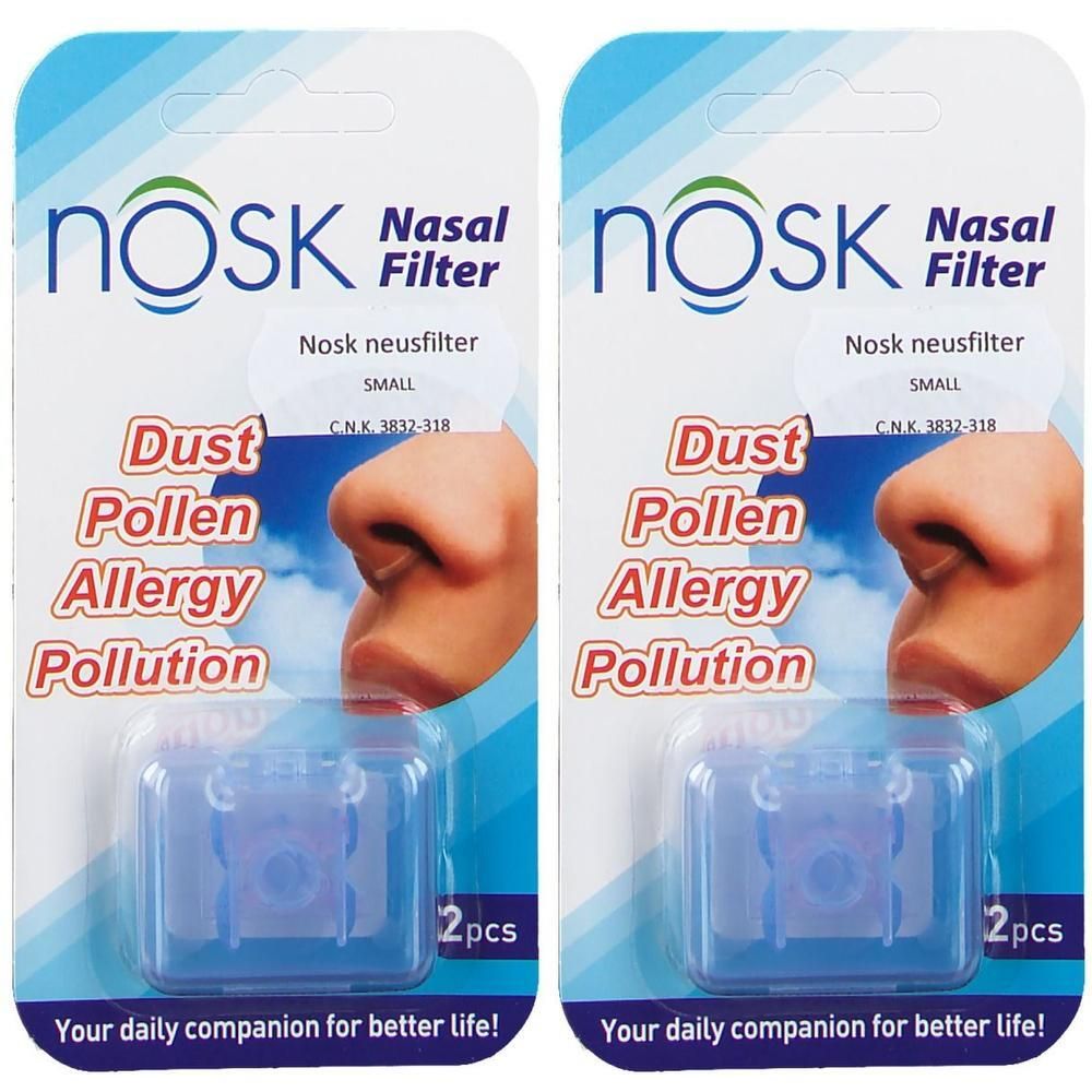Twee pakjes Nosk neusfilters, maat Small. Transparant blauwe filters in blisterverpakking.