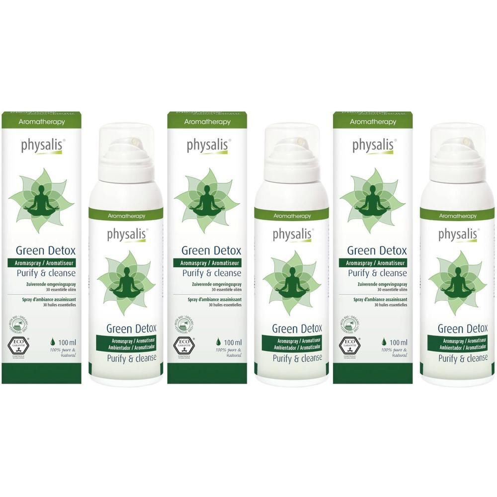 Vijf flessen Physalis Green Detox Aromaspray met groene lotusfiguur en opschrift "Purify & cleanse".