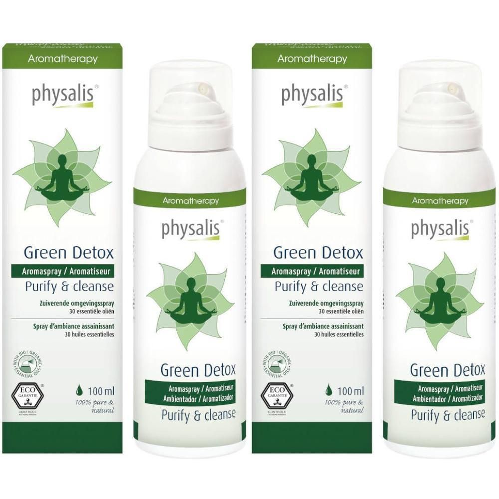 Physalis Green Detox Aromaspray en flacon blanc avec inscription verte et symbole de méditation.