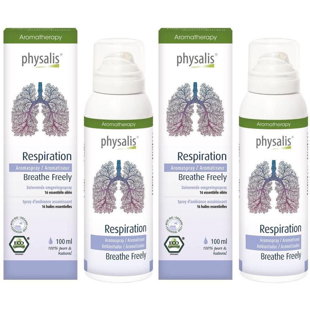 Physalis Spray Aromatique Respiration : deux flacons et deux boîtes avec illustration de poumons.