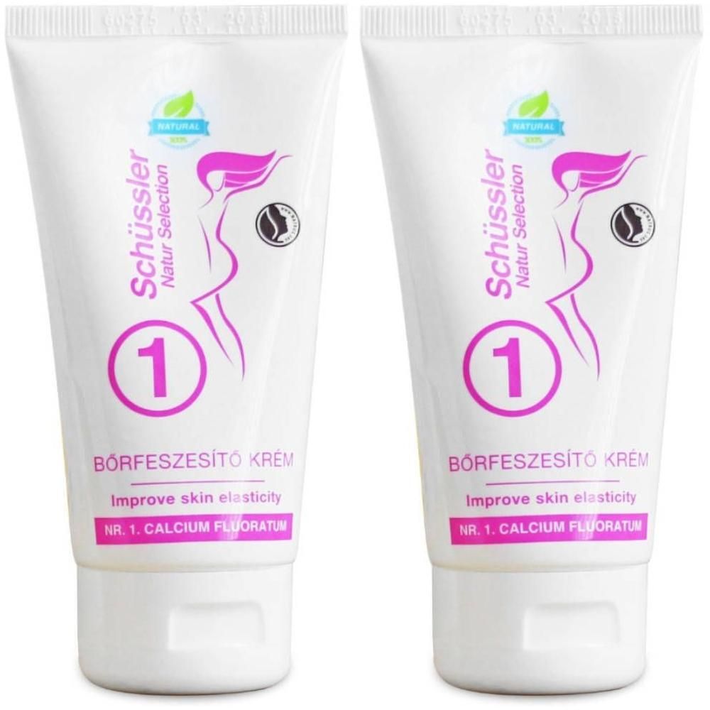 Deux tubes de crème Schüssler N°1 avec inscription 'Börfeszesítő Krém' et 'Improve skin elasticity'.