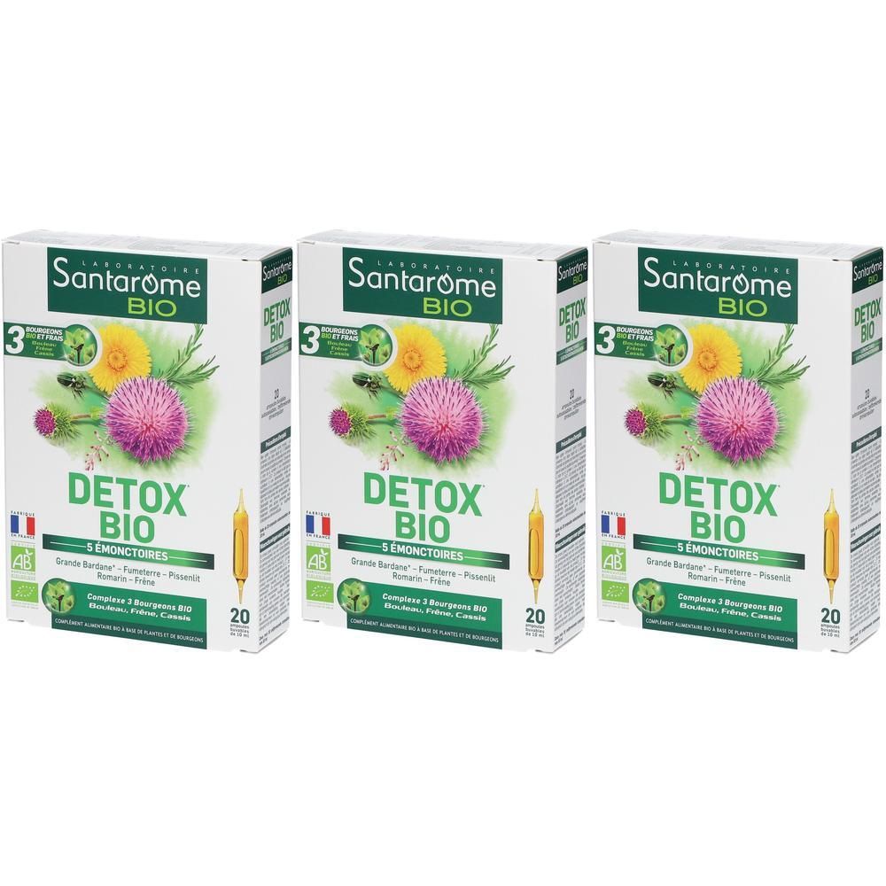 Trois boîtes Santarome Bio Detox, chacune contenant 20 ampoules. La face avant montre des fleurs et des herbes.