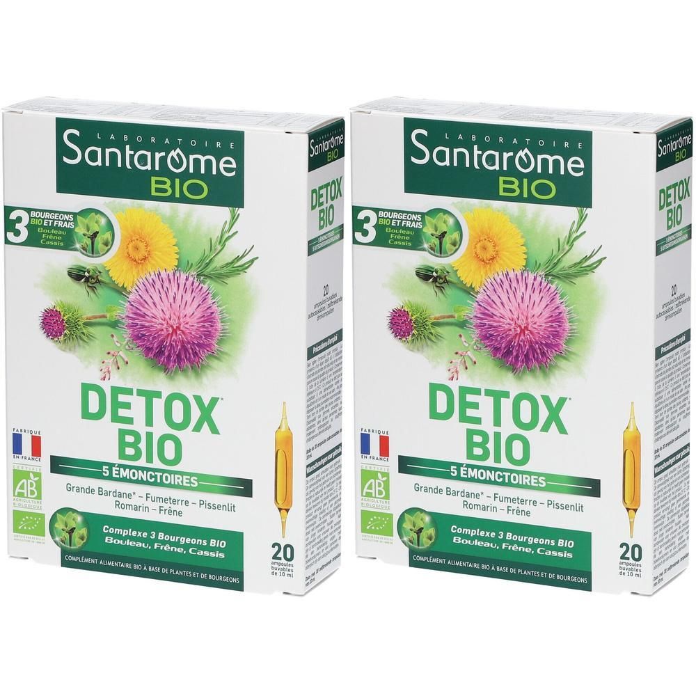Deux boîtes Santarome Bio Detox de 20 ampoules chacune. Montre des plantes et une ampoule.