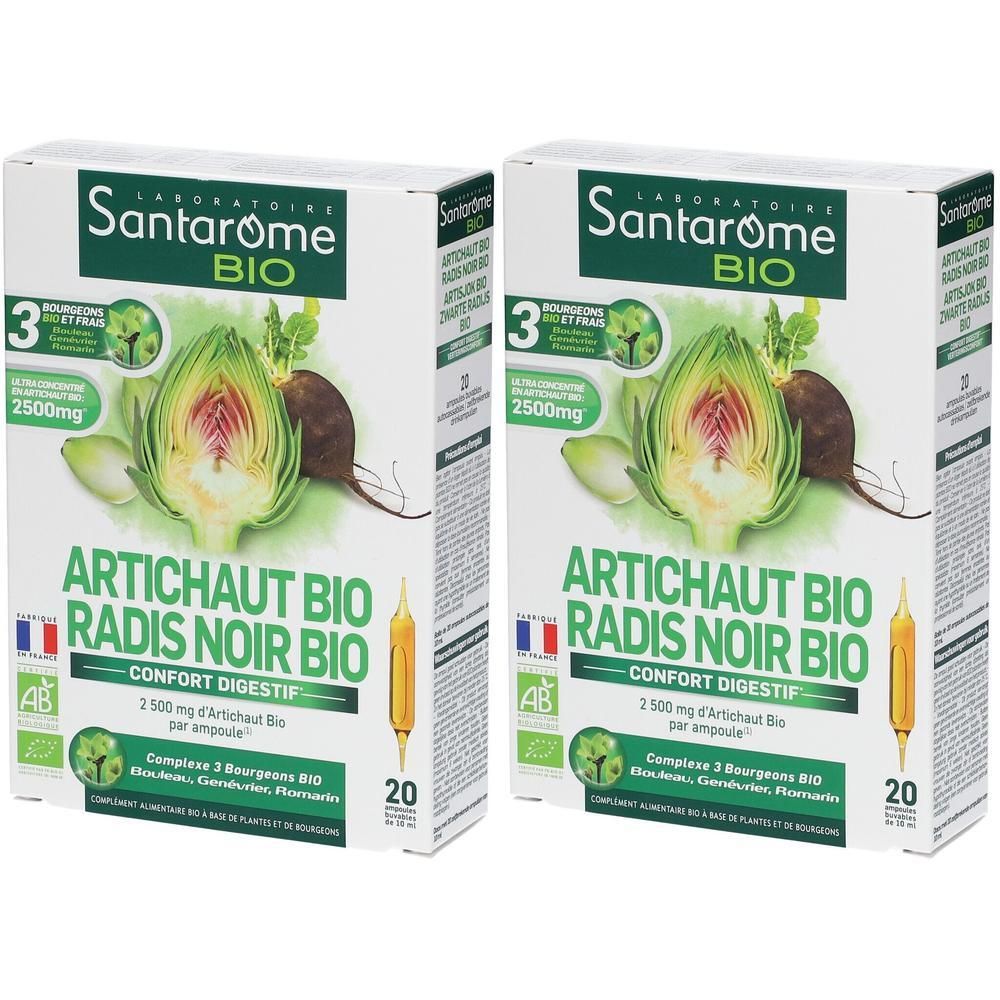 Deux boîtes de Santarome Bio Artichaut Radis Noir en ampoules. Illustrations d'artichaut et de radis noir.
