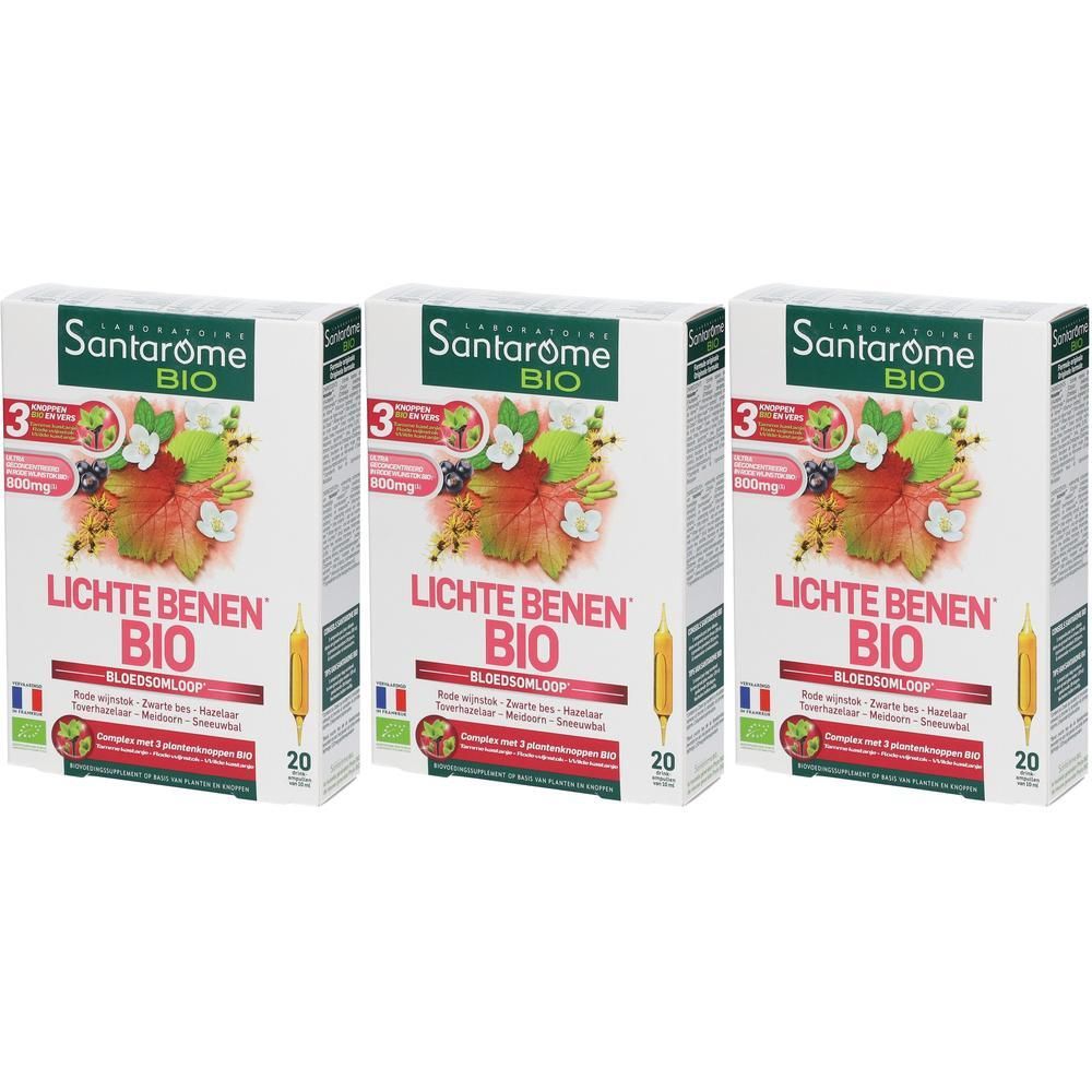 Drie pakken Santarome BIO Lichte Benen met plantafbeelding en ampullen.