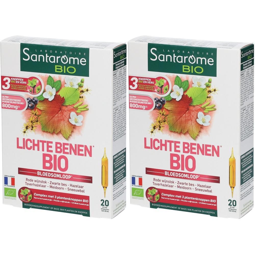 Twee pakken Santarôme BIO Lichte Benen met elk 20 ampullen. Toont plantenmotieven en Franse vlag.