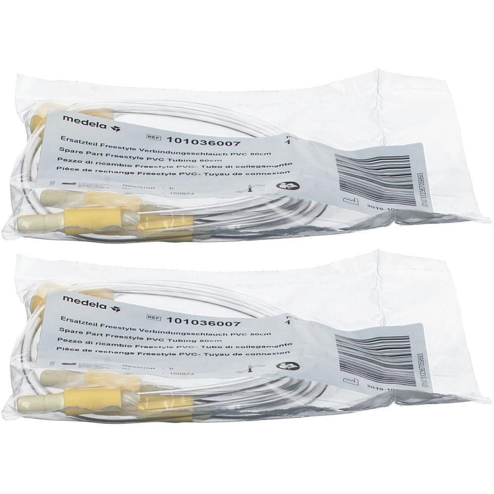 Twee Medela Freestyle PVC verbindingsslangen, 60cm per stuk, met gouden connectoren.