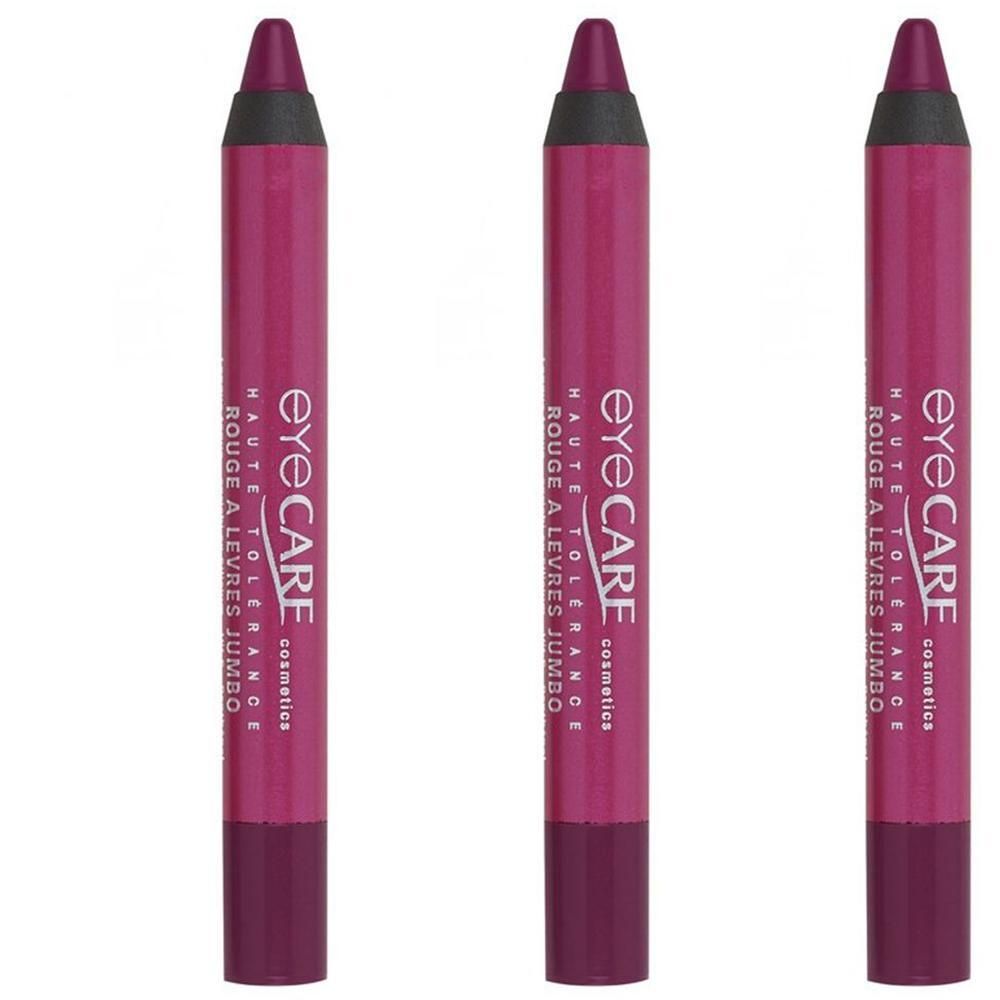 Trois crayons jumbo pour les lèvres de couleur baie avec inscription 'eye CARE cosmetics haute tolerance rouge à lèvres jumbo'.