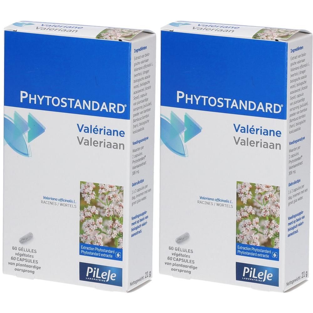Deux boîtes de Phytostandard Valériane, 60 gélules chacune. L'emballage présente une image de la plante Valeriana officinalis.