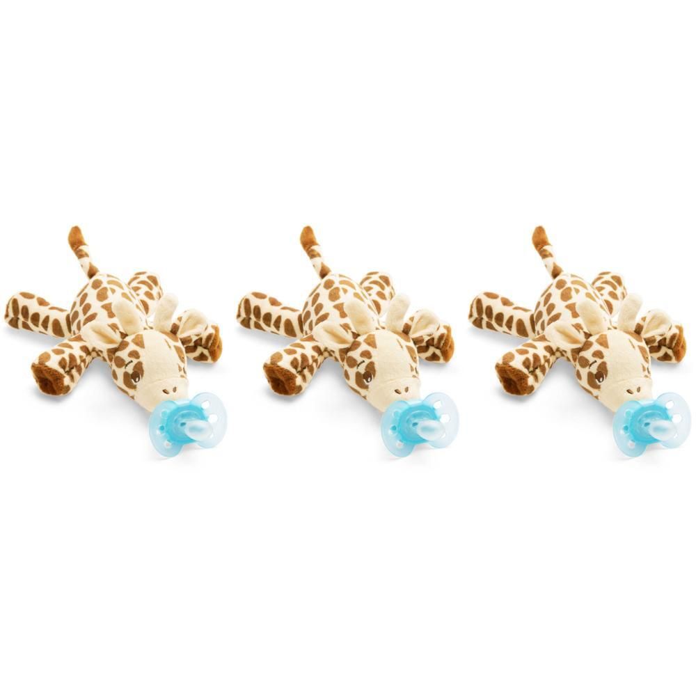 Drie pluche giraffen met spenen, zacht en bruin-wit.