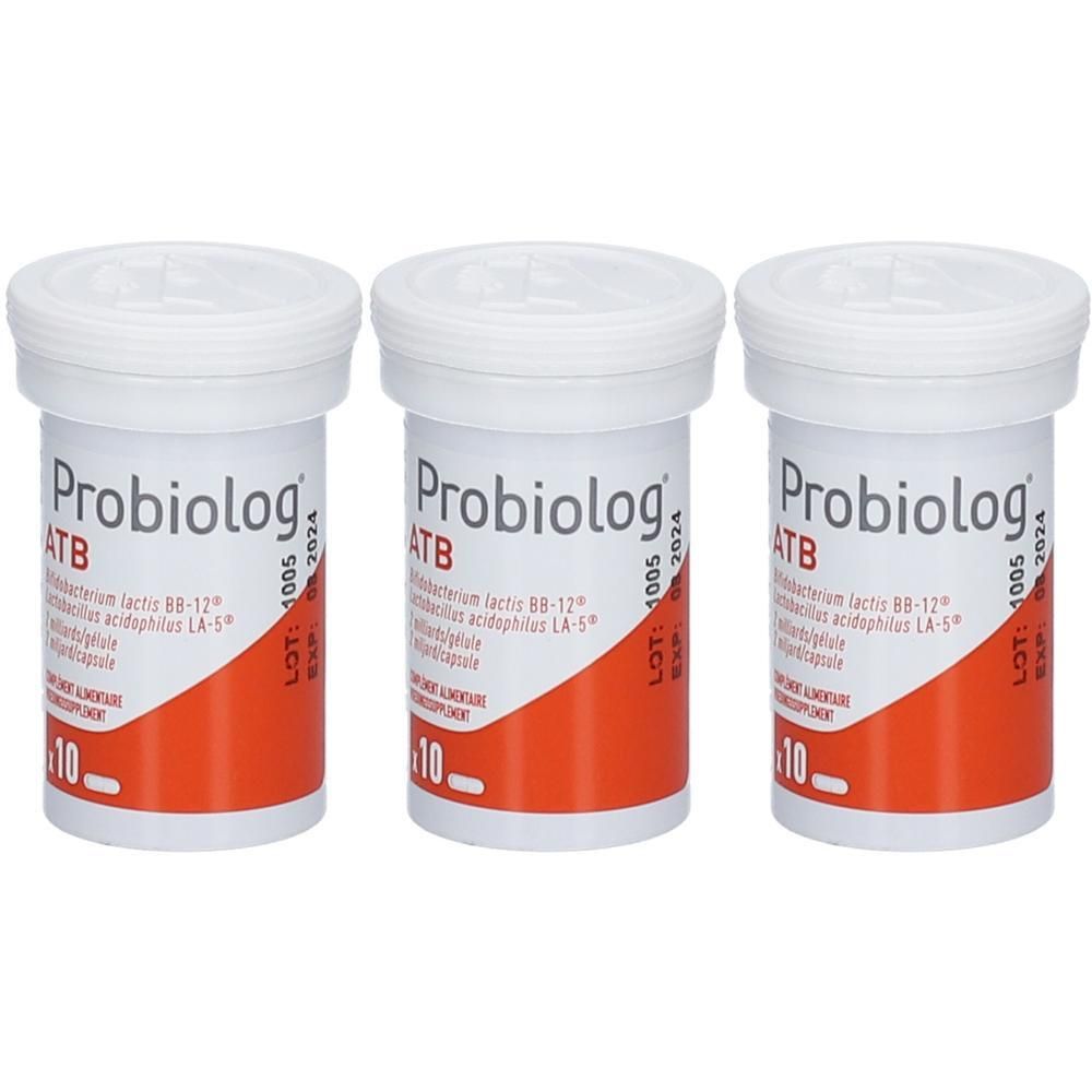 Drie potjes Probiolog ATB met witte doppen en oranje-witte etiketten met productinformatie.