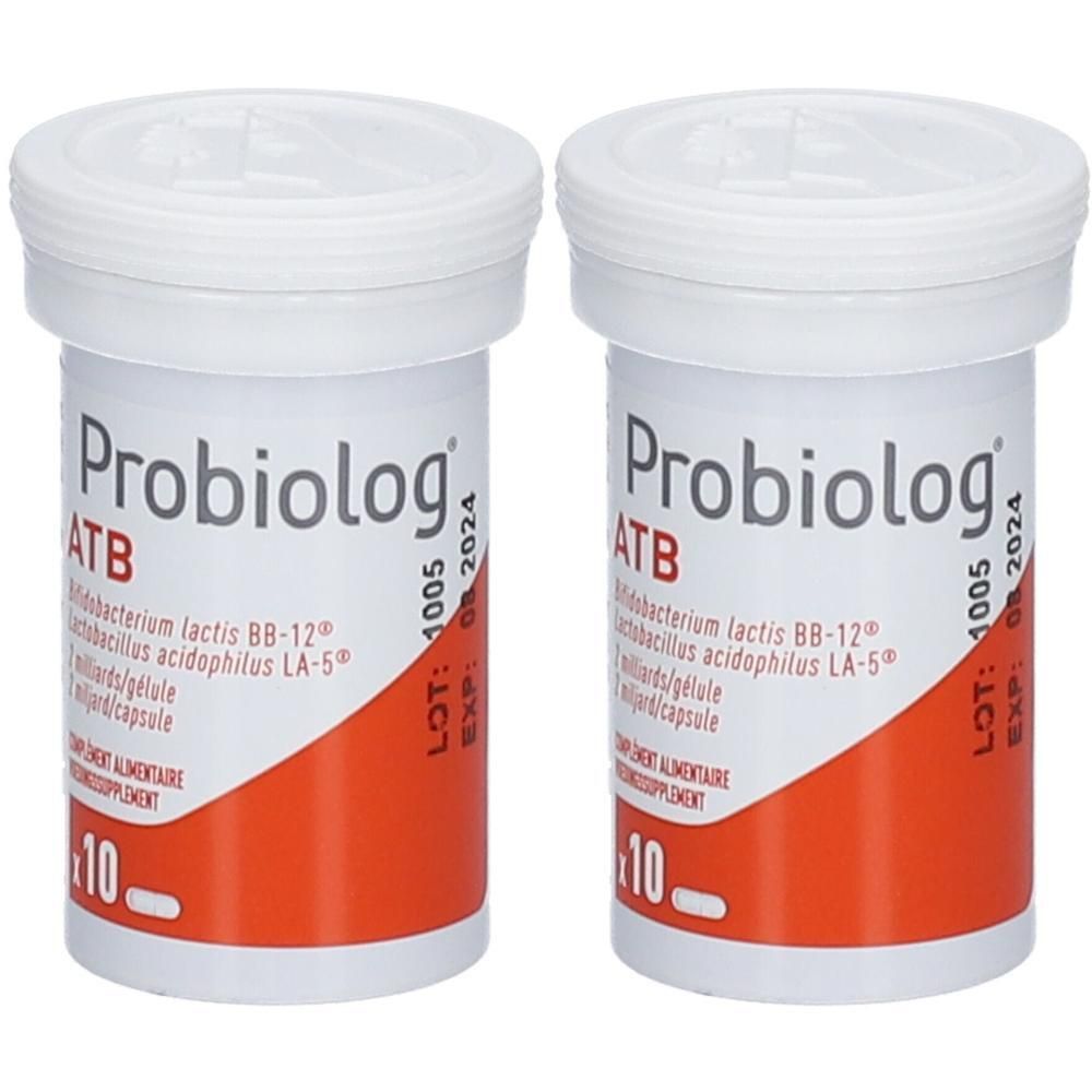 Deux flacons Probiolog ATB de 10 gélules chacun. Contient Lactobacillus lactis BB-12 et Lactobacillus acidophilus LA-5.