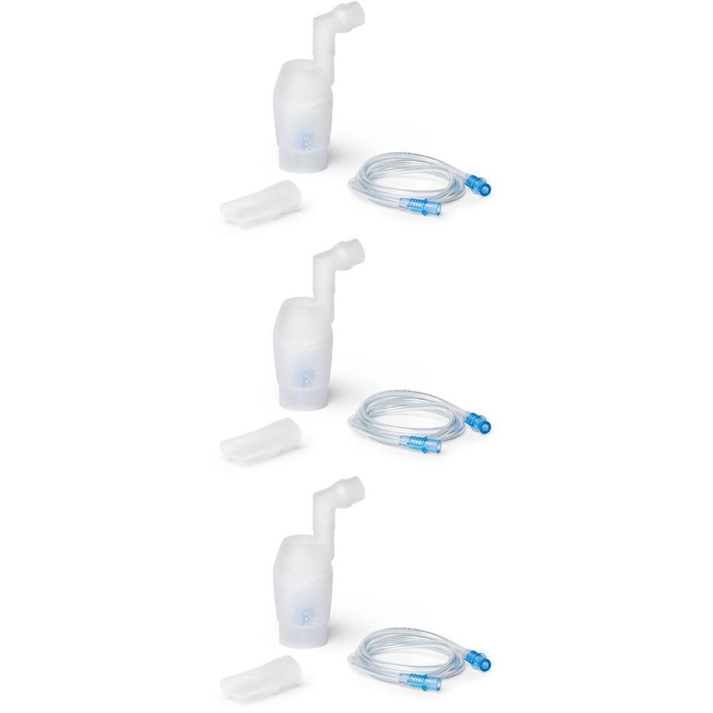 Trois kits de nébulisation avec tuyaux et embouts buccaux.