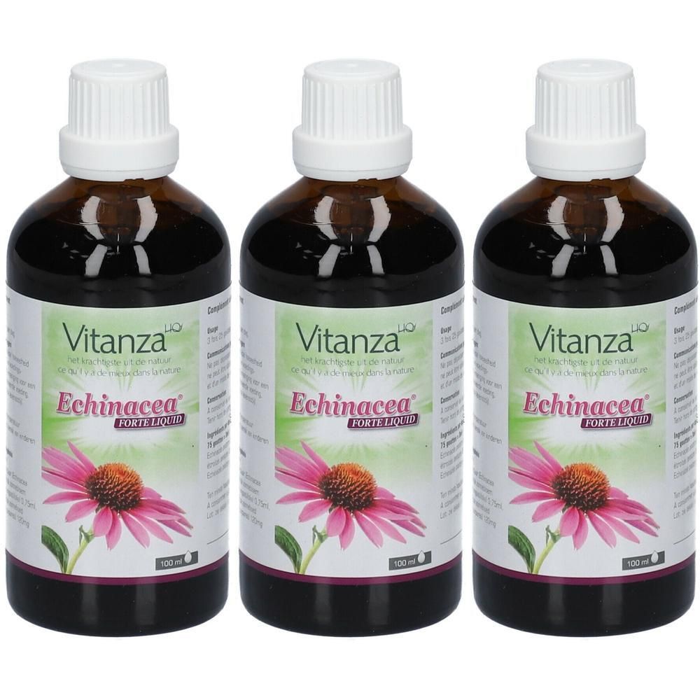 Drie flessen Vitanza HQ Echinacea Forte Liquid met een afbeelding van een echinaceabloem.