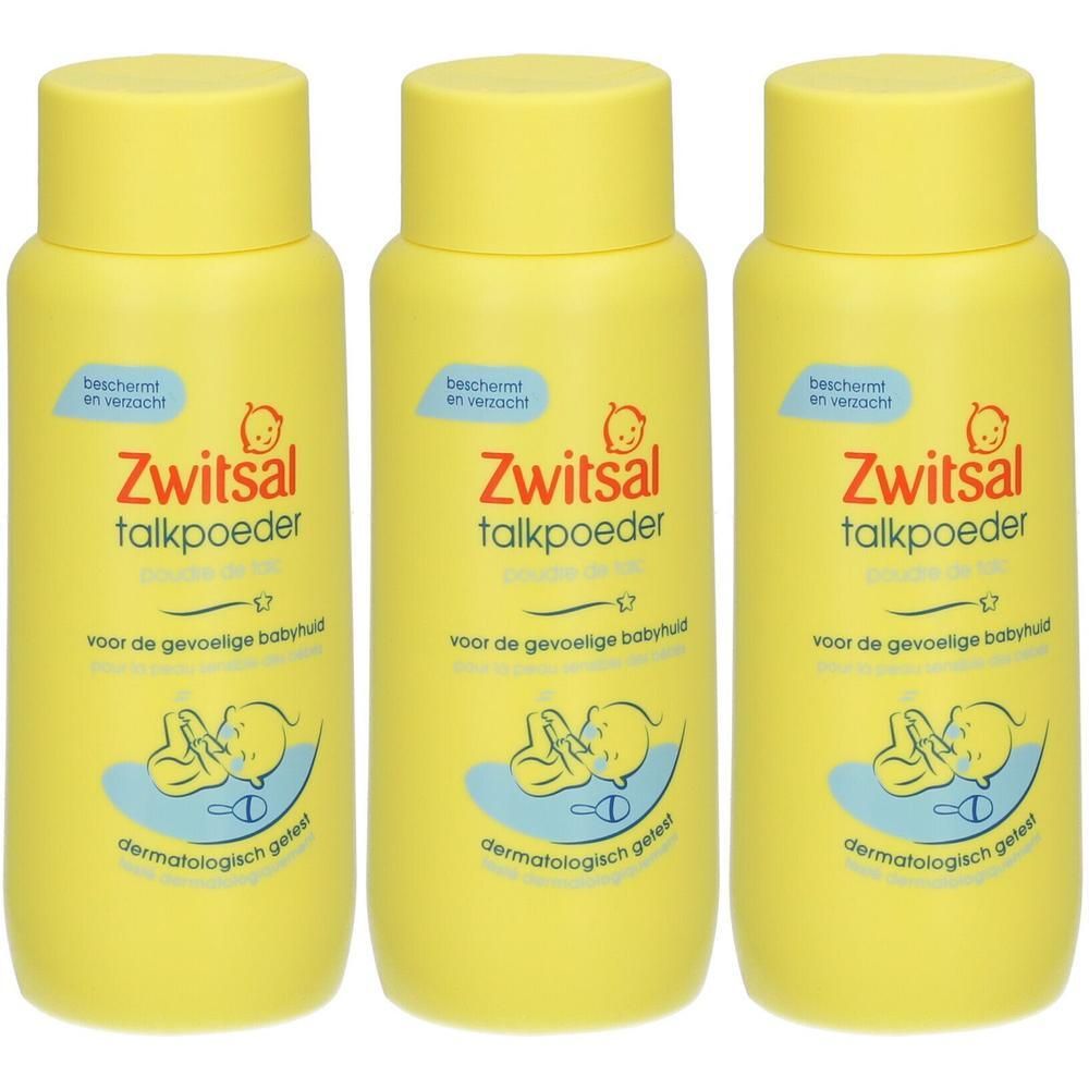 Drie gele flacons Zwitsal talkpoeder voor gevoelige babyhuid, dermatologisch getest.