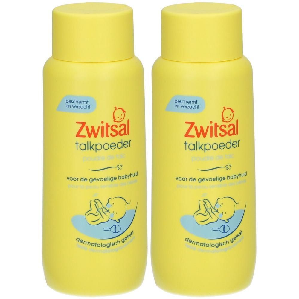 Deux flacons de talc Zwitsal jaunes. Texte en néerlandais.