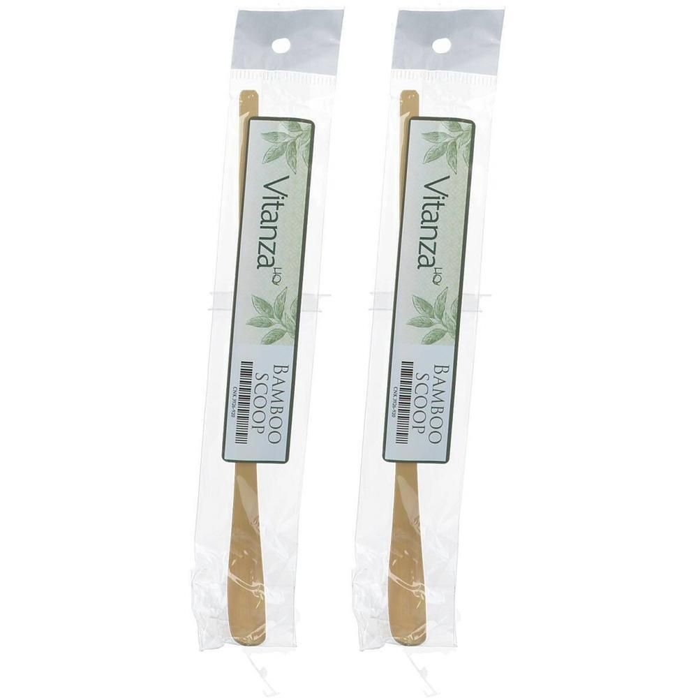 Deux cuillères en bambou avec étiquette 'Vitanza Bamboo Scoop'.