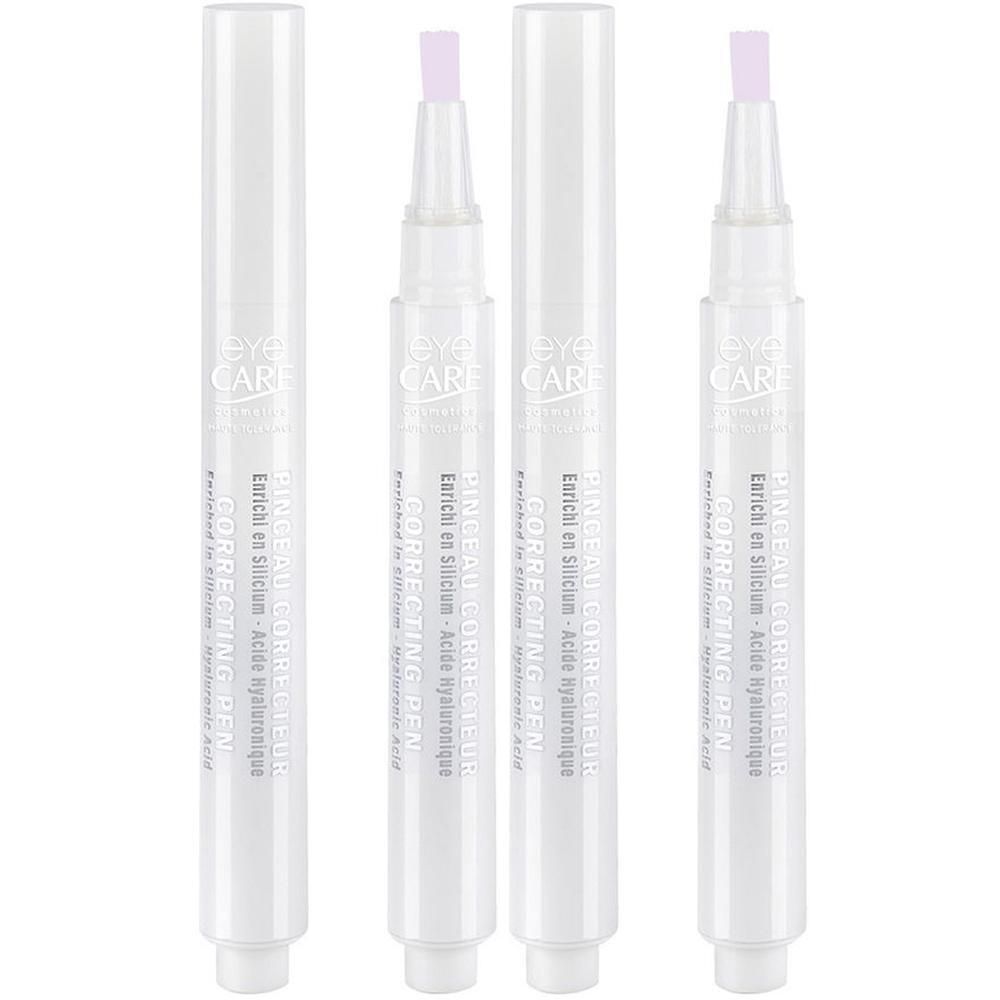 Trois stylos correcteurs Eye Care blancs avec embout violet. Texte : 'CORRECTING PEN'.