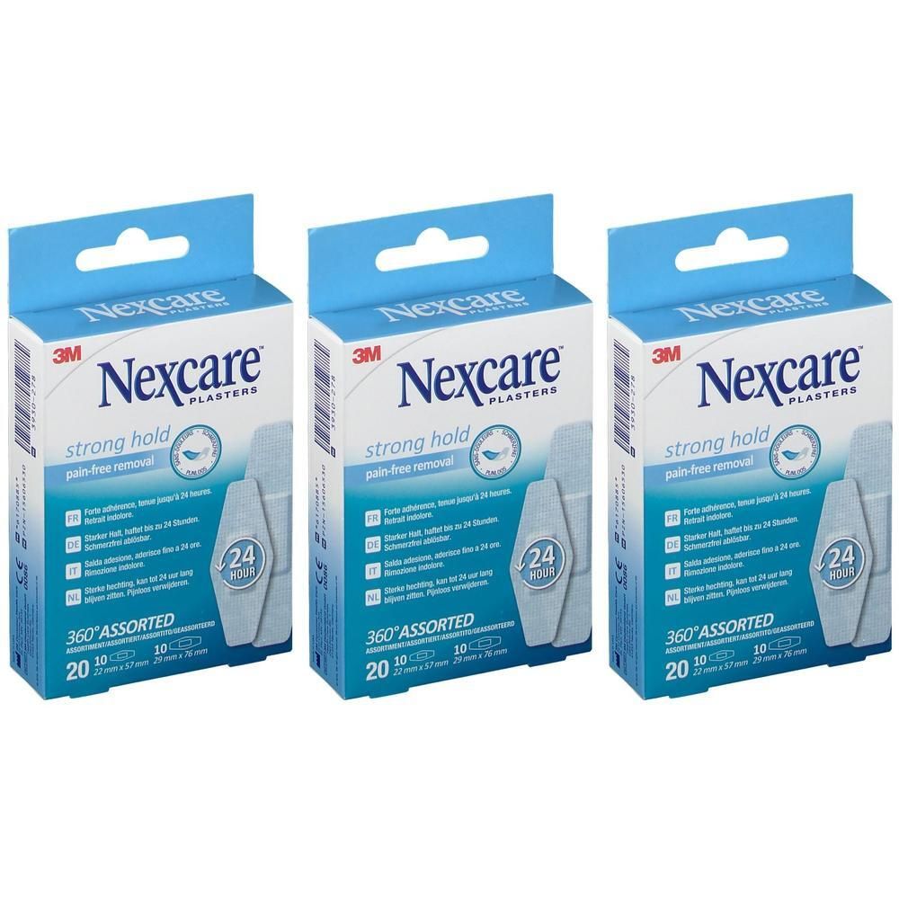 Drie pakken Nexcare Strong Hold pleisters, 360° Assortiment, 20 stuks.