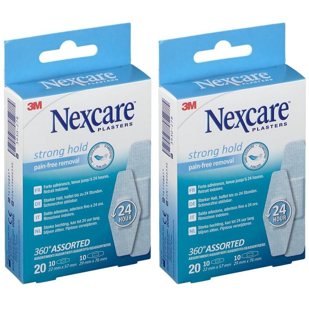 Nexcare Strong Hold Pansements, 20 pièces, Assortiment 360°, Tenue 24 heures.
