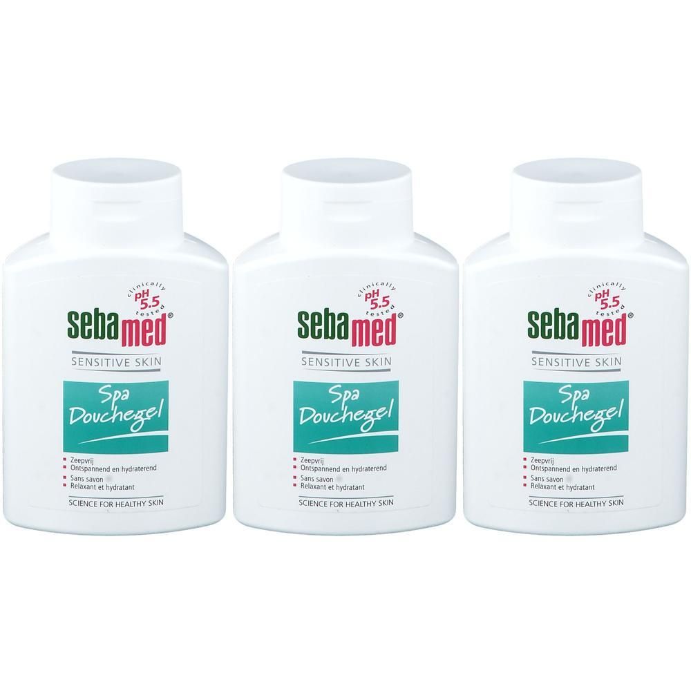 Drie Sebamed Spa Douchegel flacons met pH 5.5 voor de gevoelige huid.