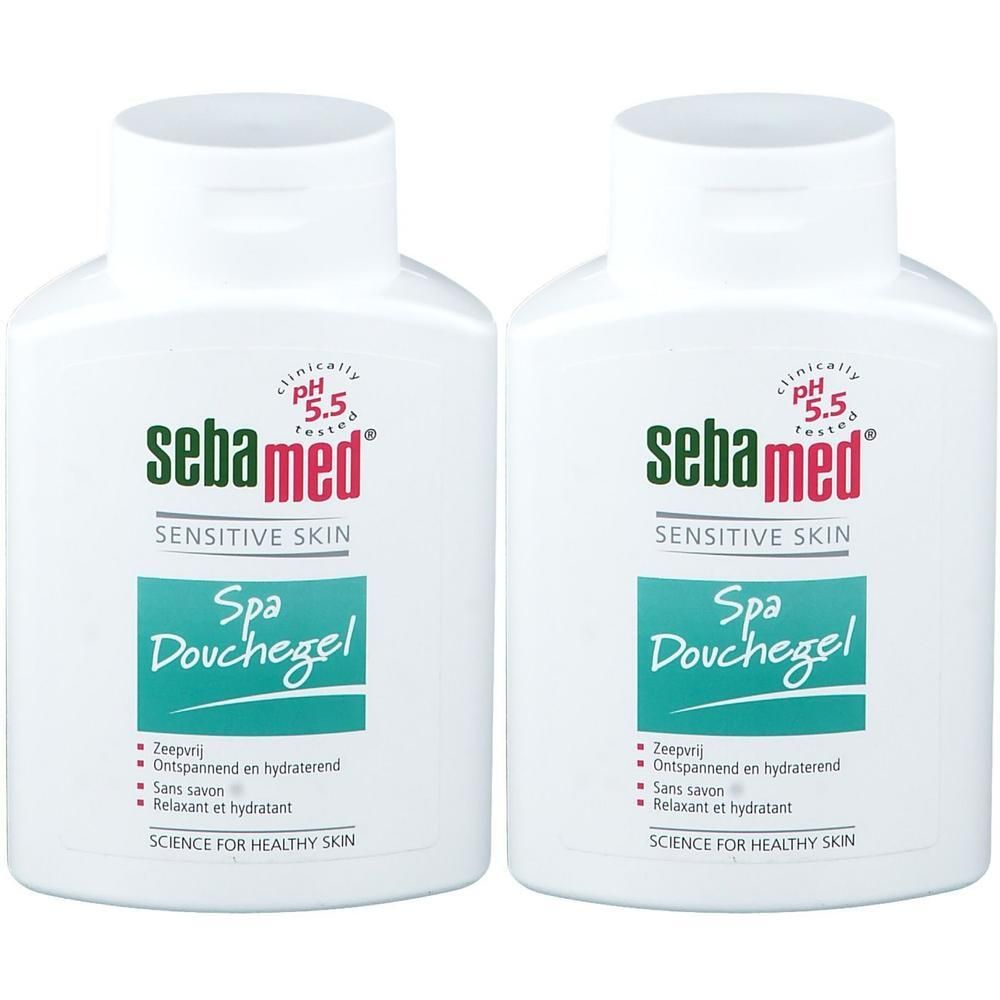 Deux flacons de gel douche Sebamed Spa pour peaux sensibles, pH 5.5.