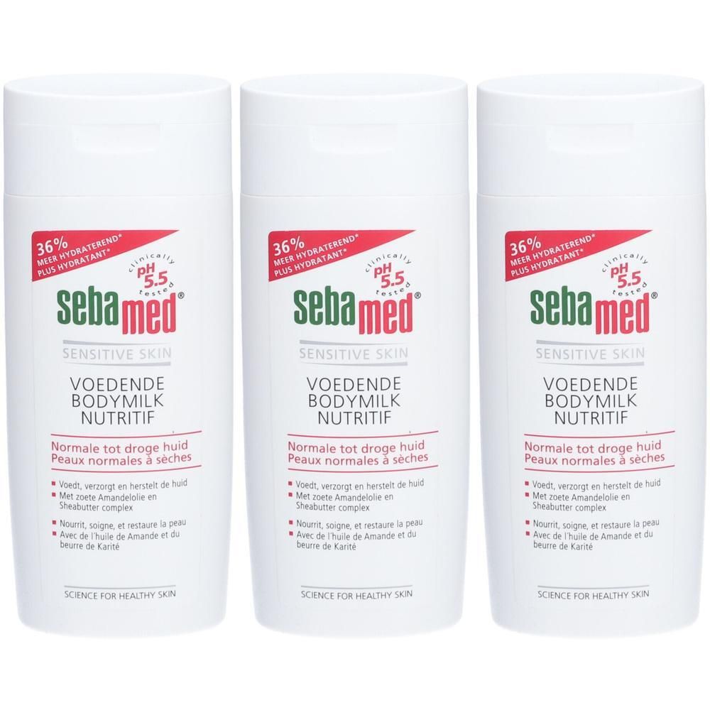 Trois flacons de Lait Corporel Nourrissant Sebamed. Avec 36% d'hydratation en plus et pH 5.5.