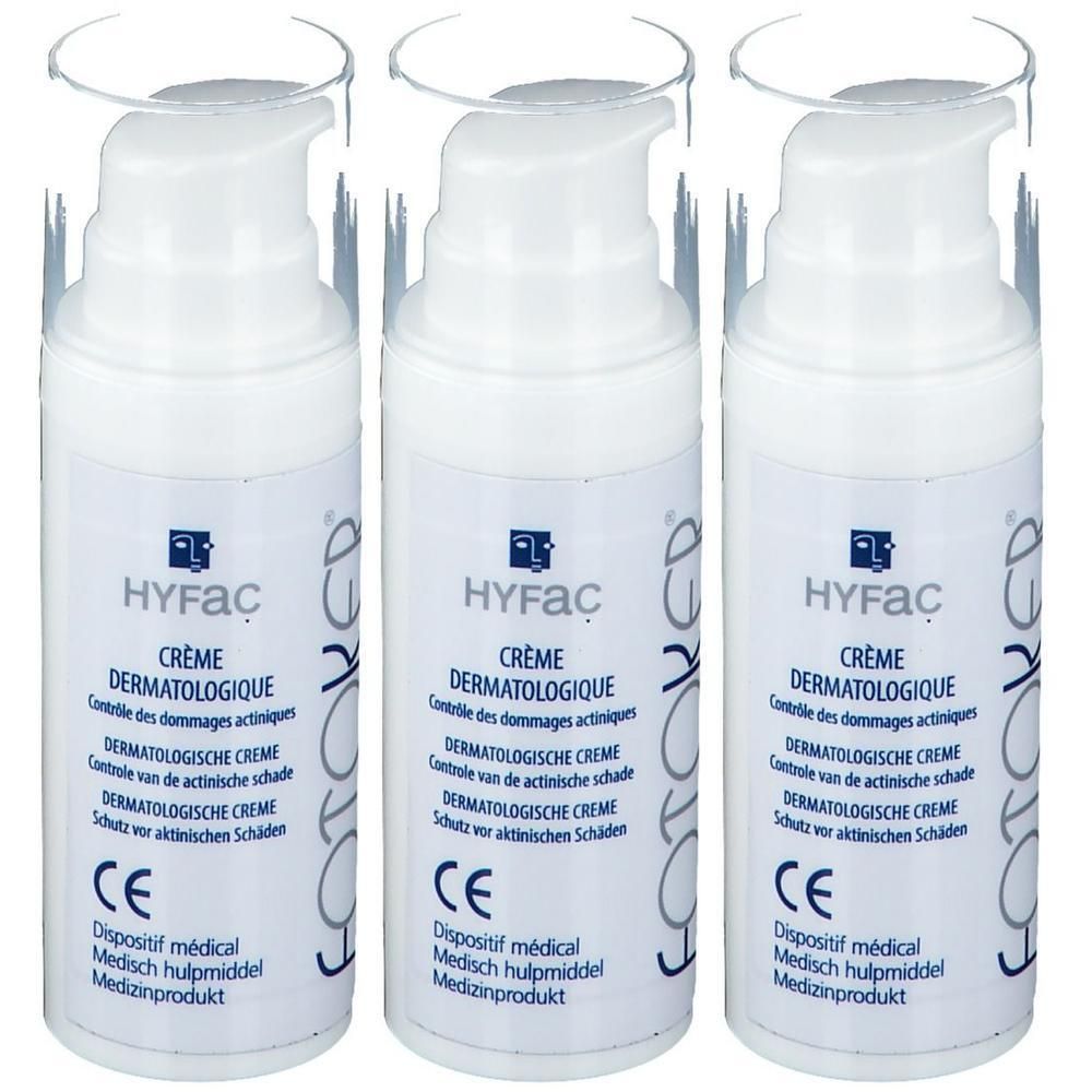 Trois flacons de Crème Dermatologique HYFAC avec distributeurs à pompe.